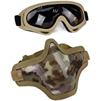 Aoutacc Juego de máscaras y Gafas Airsoft- máscara de Malla de Acero Completa de Media Cara y Gafas para CS-Caza…